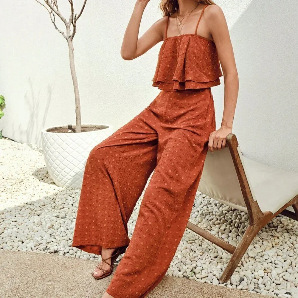 Burnt Orange Casual Women's Swiss Dot Cami Top & Wide Leg Pants